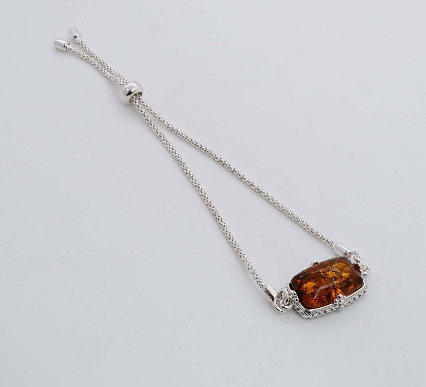 925 Solid Sterling Silver Natural Baltic Amber Adjustable Chain Bracelet - 5.5 Grams