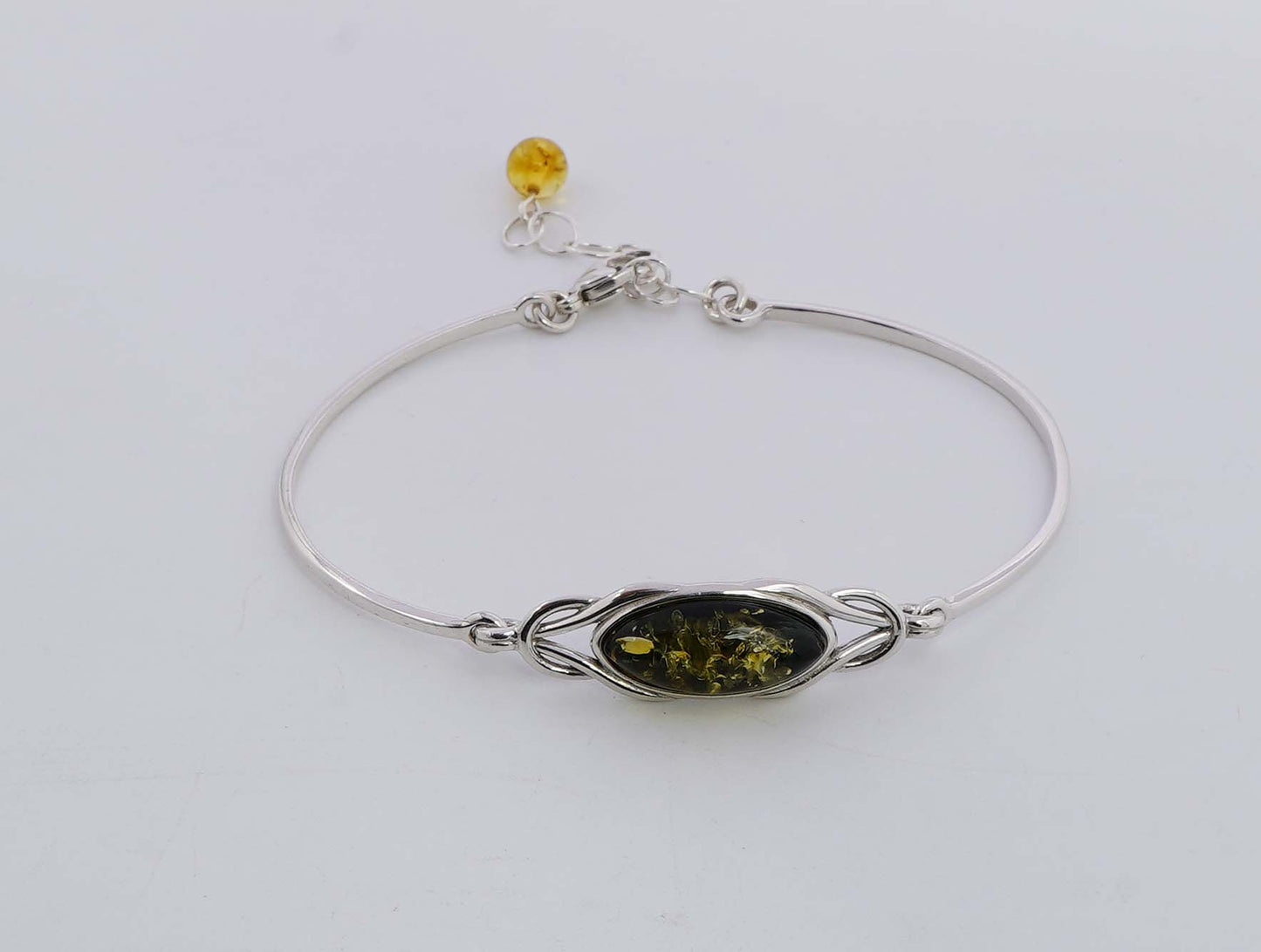 925 Solid Sterling Silver Natural Green Baltic Amber Adjustable Bracelet - 7.6 Grams