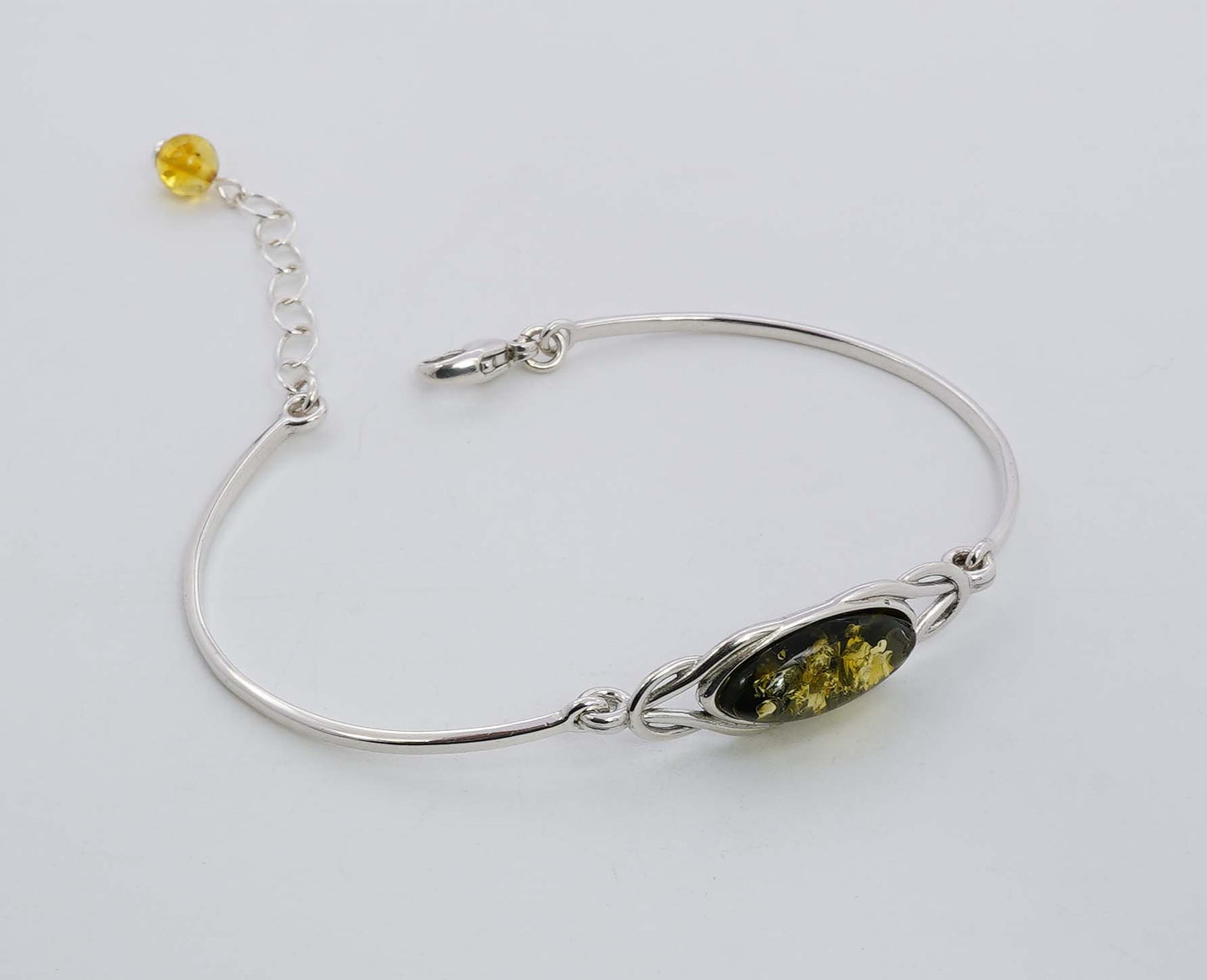 925 Solid Sterling Silver Natural Green Baltic Amber Adjustable Bracelet - 7.6 Grams