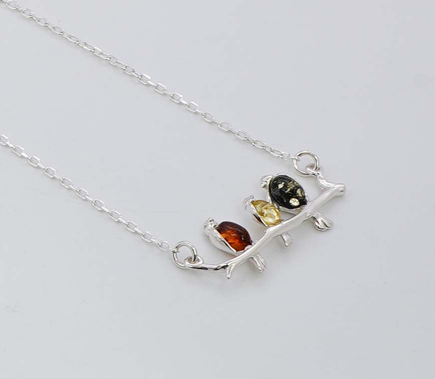 925 Solid Sterling Silver Natural Multi Baltic Amber Bird Style Chain Necklace - 4.4 Grams