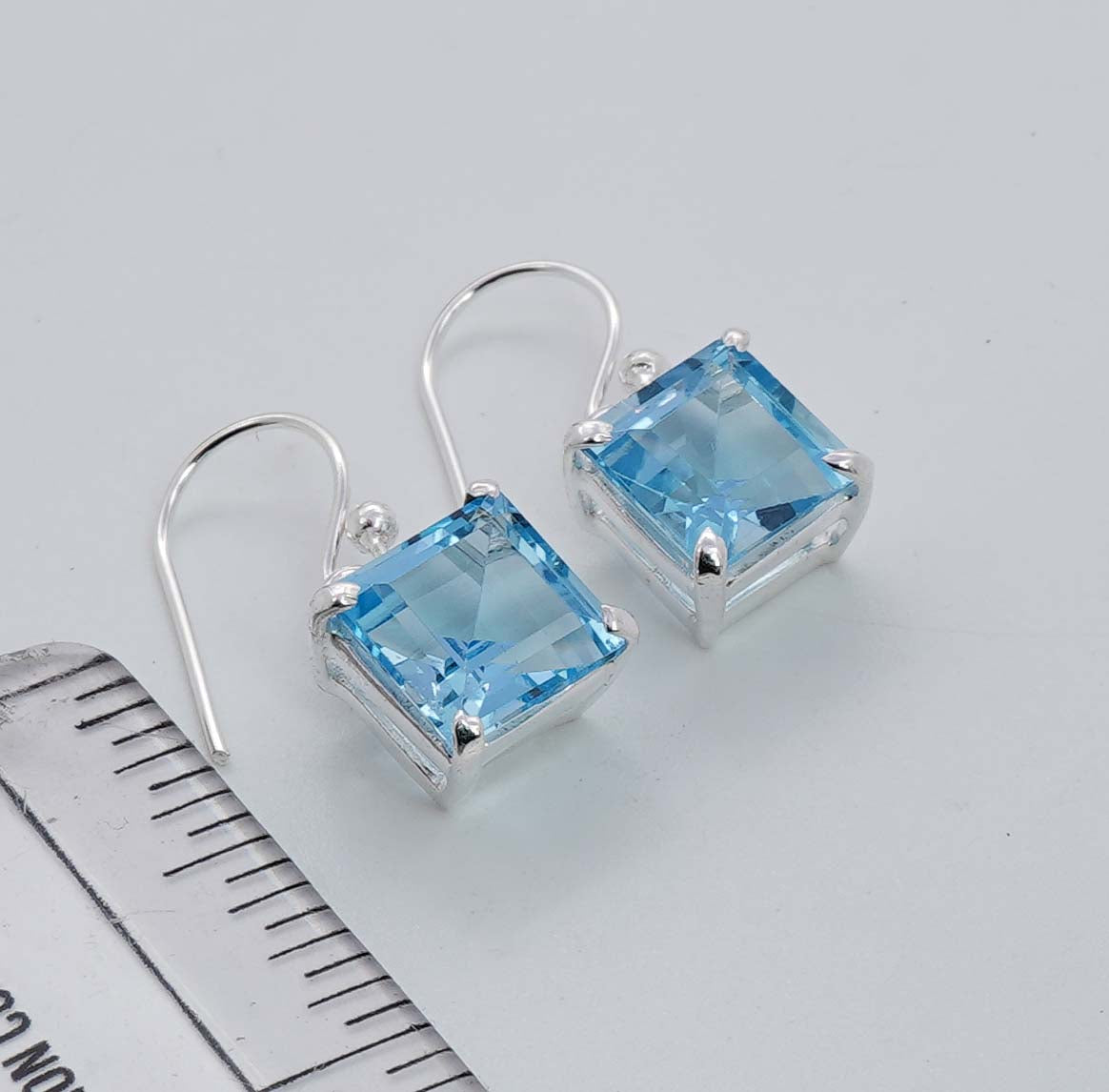 925 Solid Sterling Silver Faceted Blue Topaz Prong Setting Hook Earring - 4.4 Grams