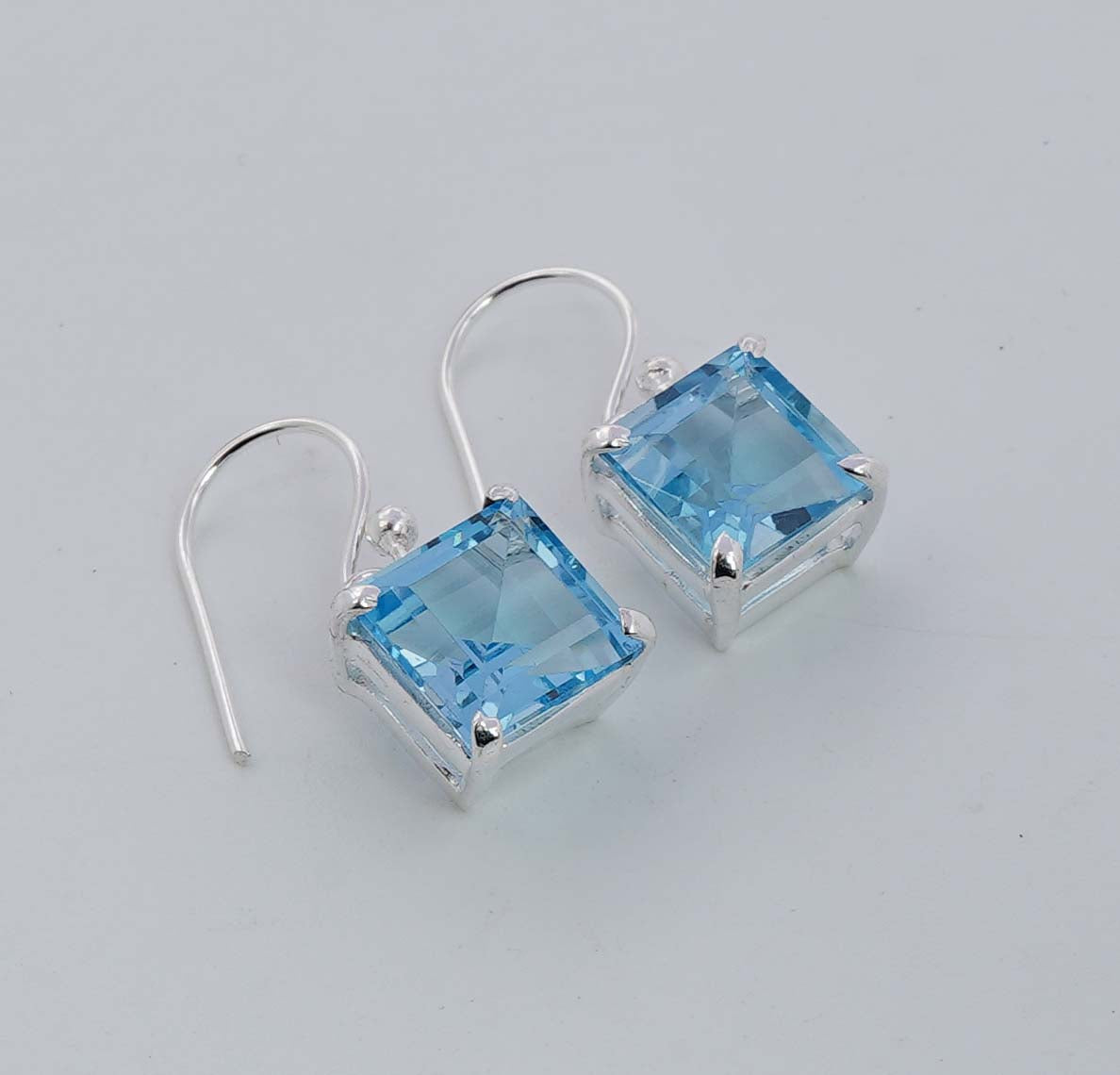 925 Solid Sterling Silver Faceted Blue Topaz Prong Setting Hook Earring - 4.4 Grams