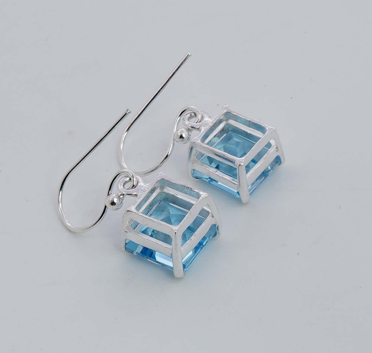 925 Solid Sterling Silver Faceted Blue Topaz Prong Setting Hook Earring - 4.4 Grams