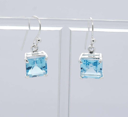 925 Solid Sterling Silver Faceted Blue Topaz Prong Setting Hook Earring - 4.4 Grams