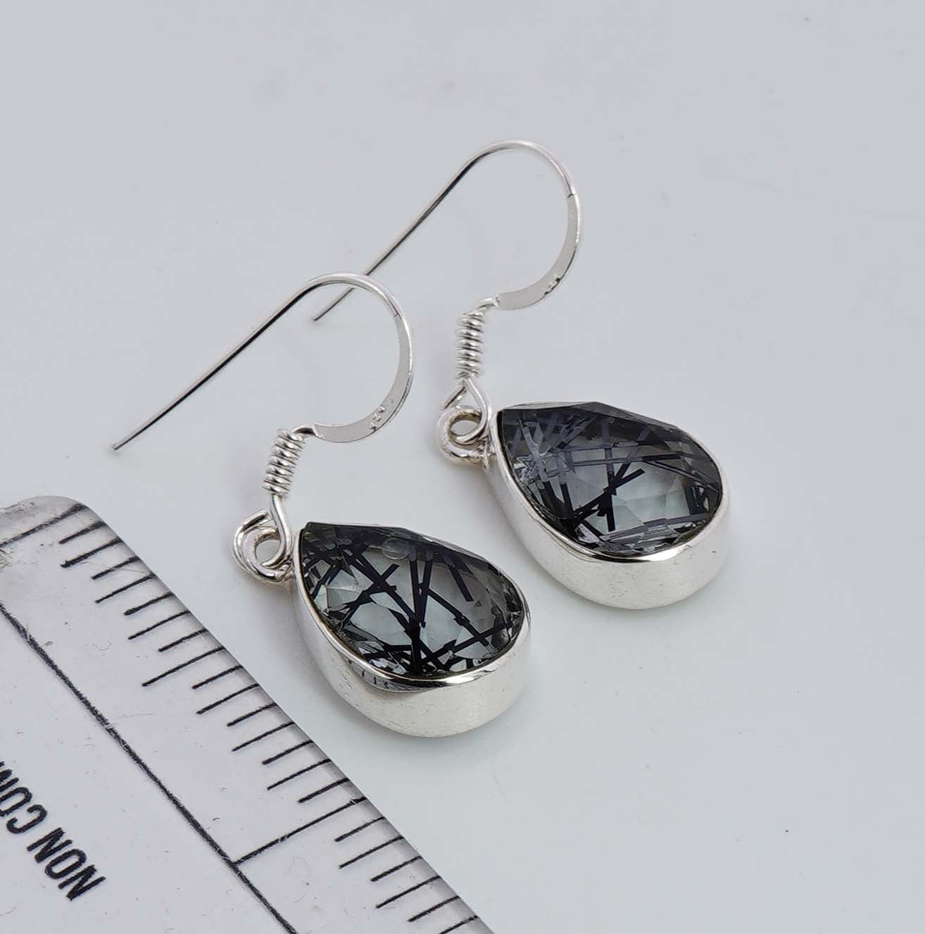 925 Solid Sterling Silver Faceted Black Rutile Quartz Hook Earring - 4.2 Grams