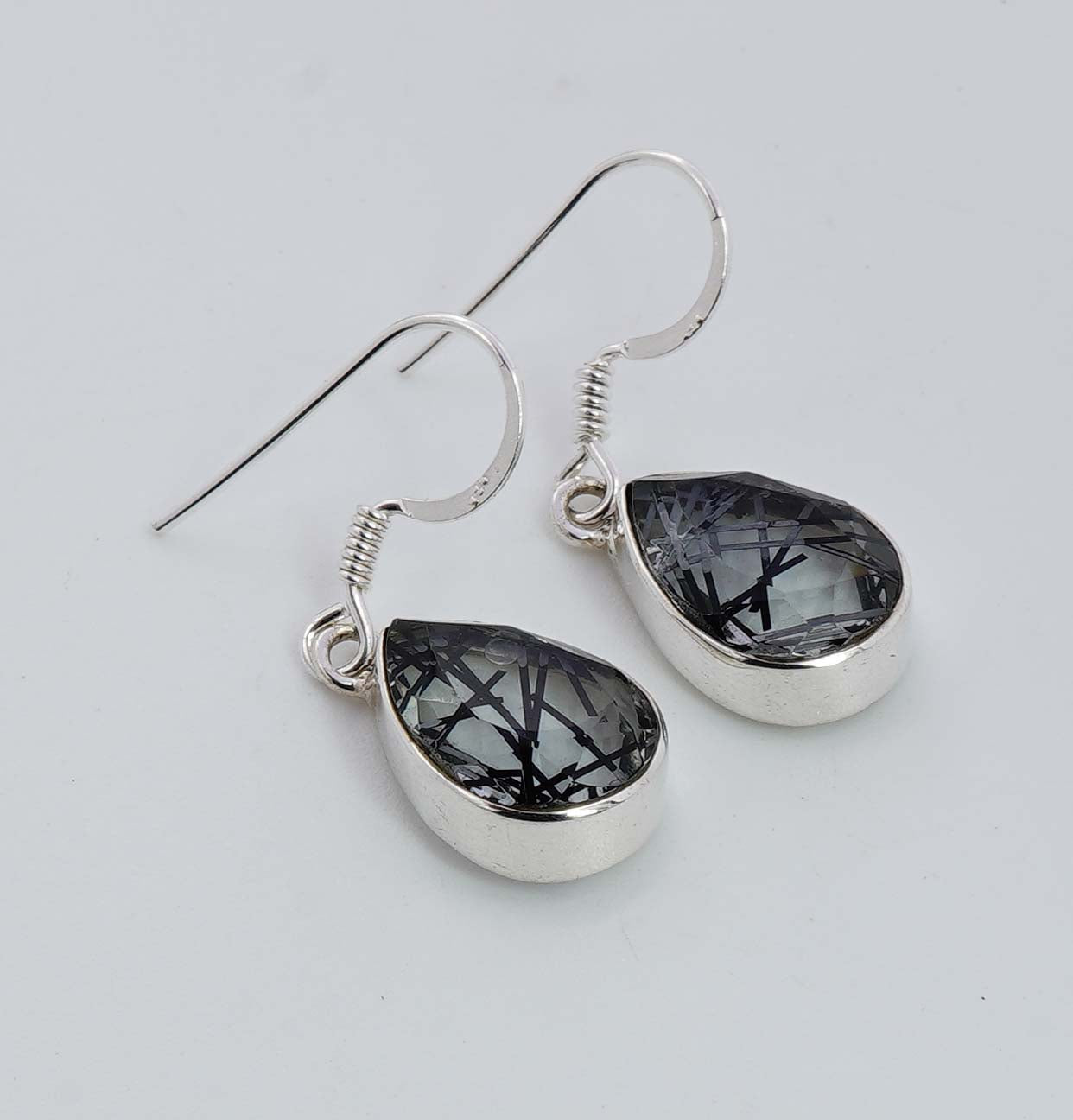 925 Solid Sterling Silver Faceted Black Rutile Quartz Hook Earring - 4.2 Grams