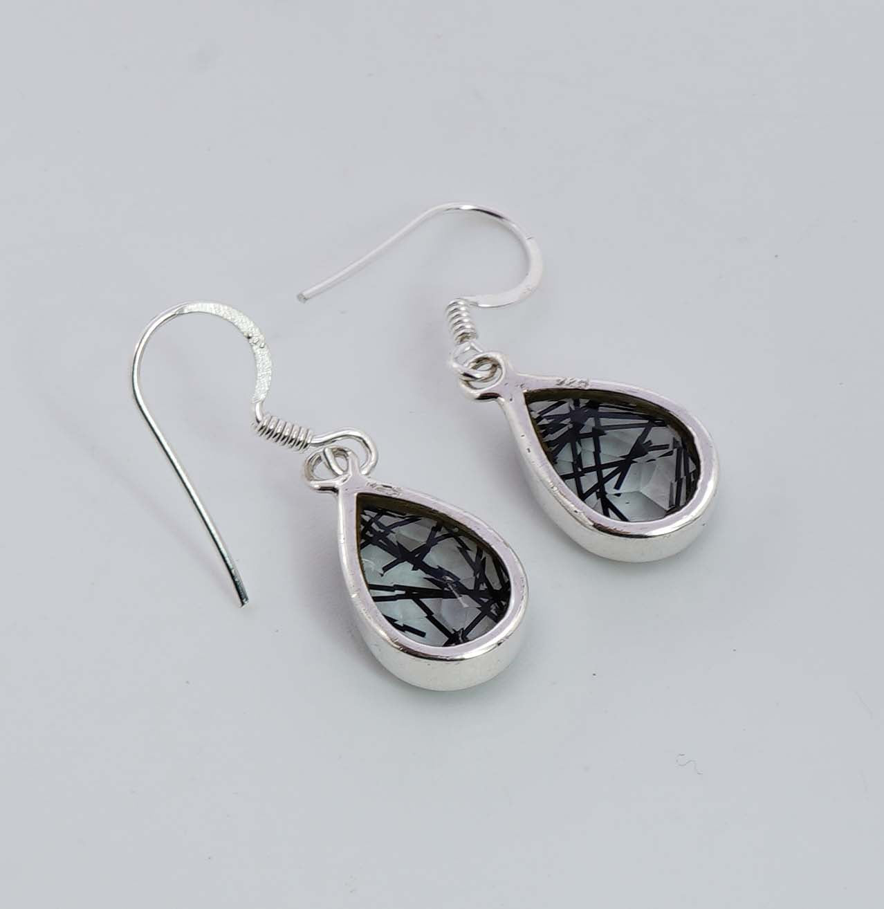 925 Solid Sterling Silver Faceted Black Rutile Quartz Hook Earring - 4.2 Grams