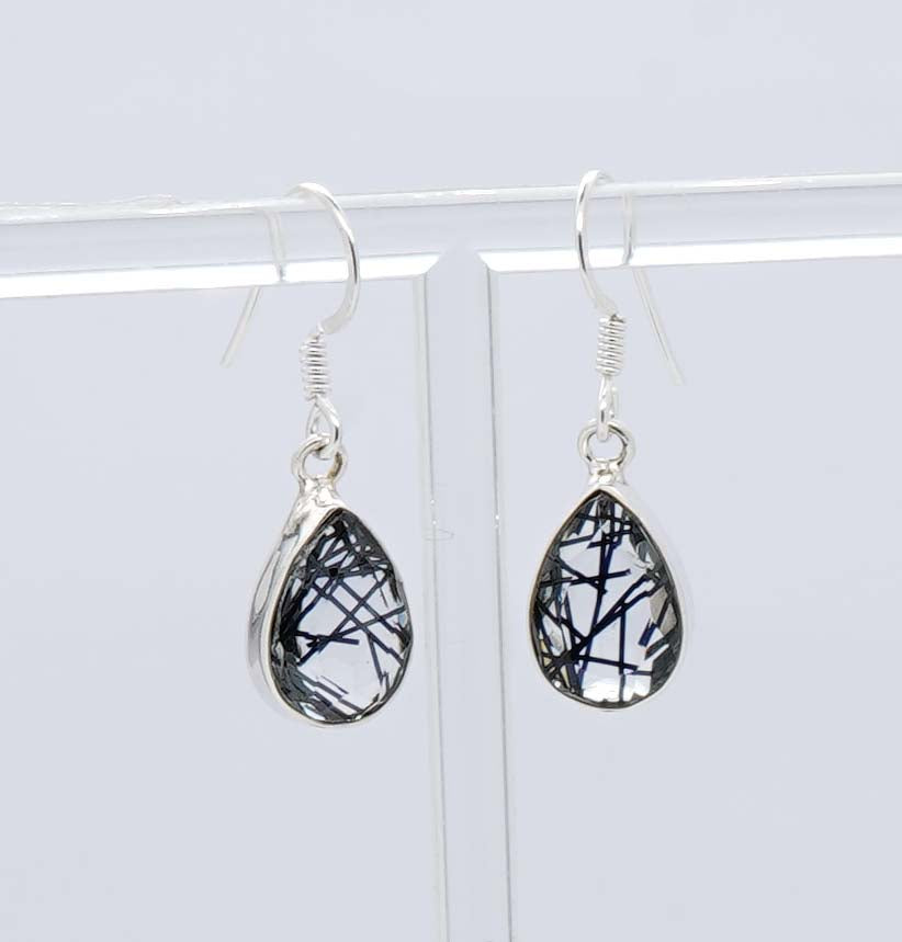 925 Solid Sterling Silver Faceted Black Rutile Quartz Hook Earring - 4.2 Grams