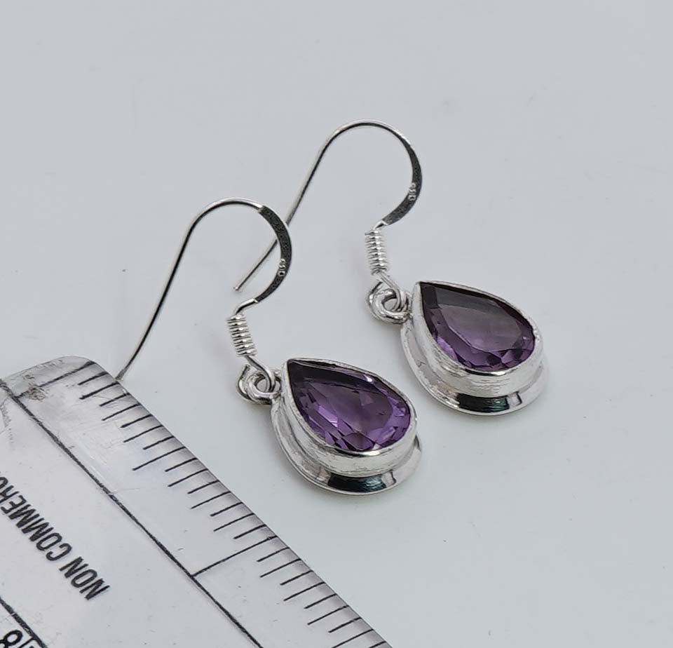 925 Solid Sterling Silver Faceted Purple Amethyst Hook Earring - 3.5 Grams