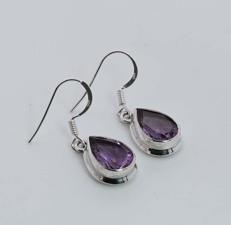 925 Solid Sterling Silver Faceted Purple Amethyst Hook Earring - 3.5 Grams