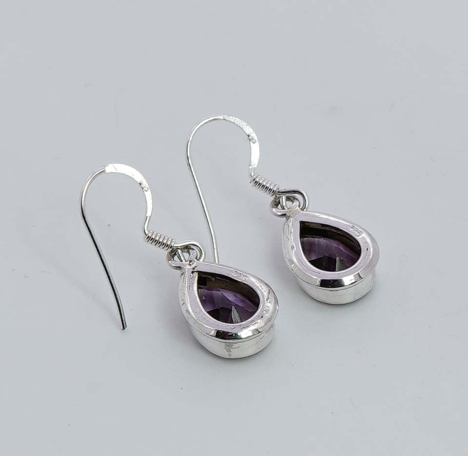 925 Solid Sterling Silver Faceted Purple Amethyst Hook Earring - 3.5 Grams