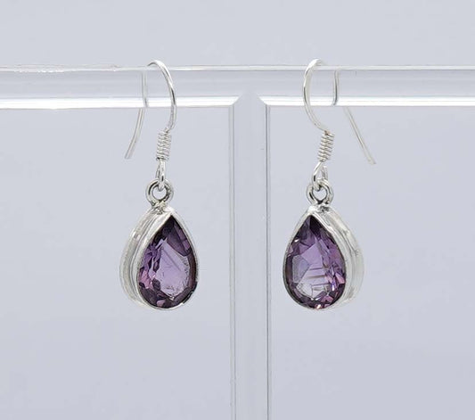 925 Solid Sterling Silver Faceted Purple Amethyst Hook Earring - 3.5 Grams