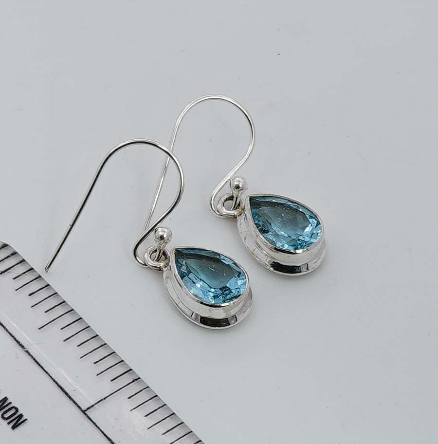 925 Solid Sterling Silver Faceted Blue Topaz Hook Earring - 3.5 Grams