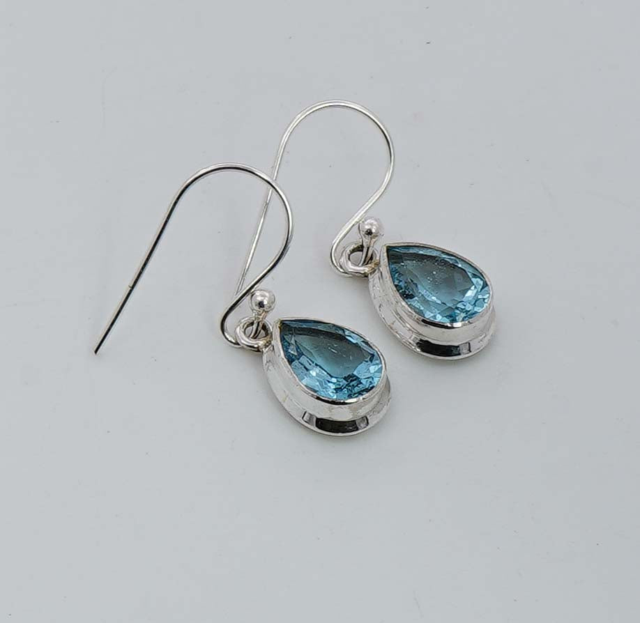 925 Solid Sterling Silver Faceted Blue Topaz Hook Earring - 3.5 Grams