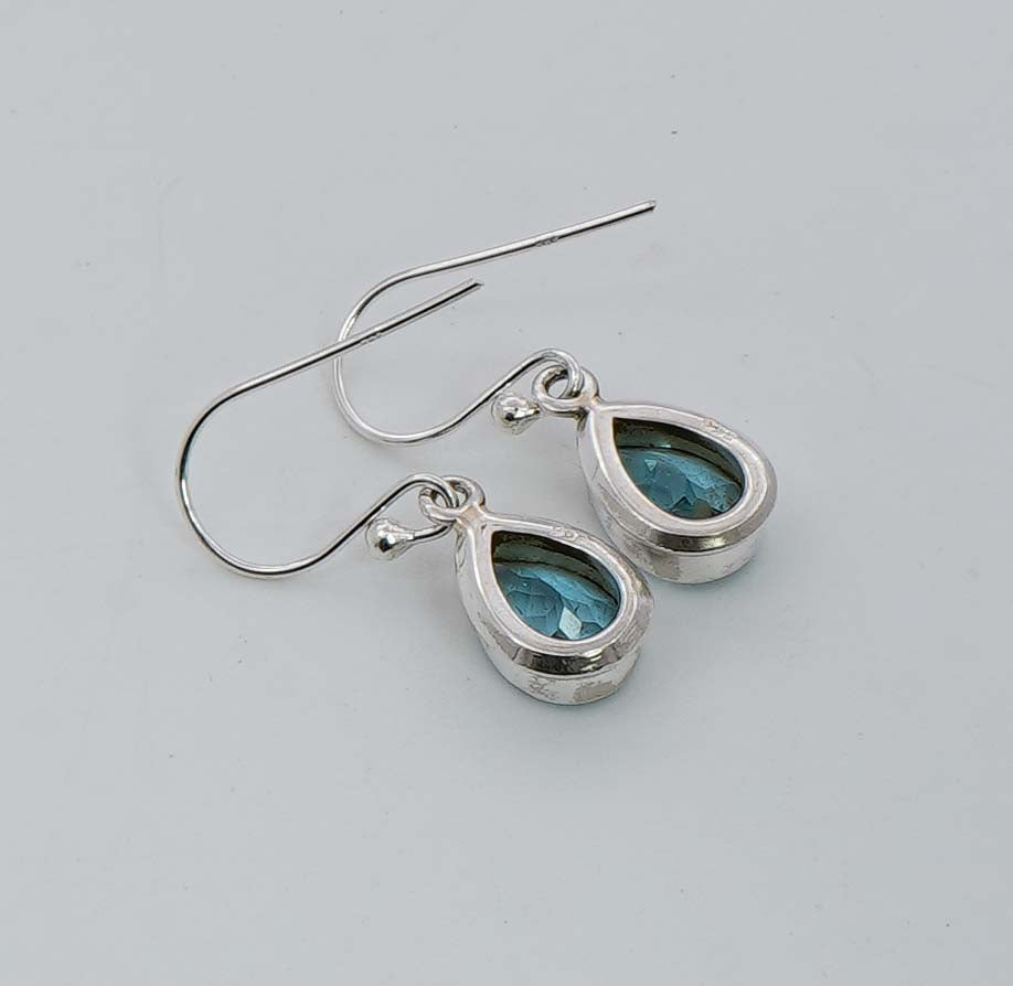 925 Solid Sterling Silver Faceted Blue Topaz Hook Earring - 3.5 Grams