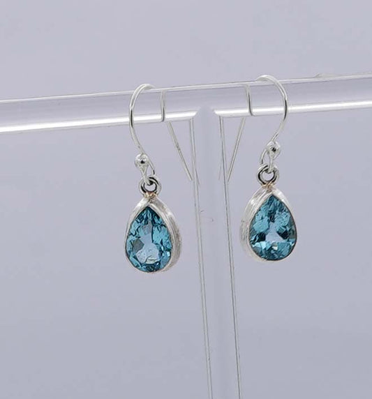 925 Solid Sterling Silver Faceted Blue Topaz Hook Earring - 3.5 Grams