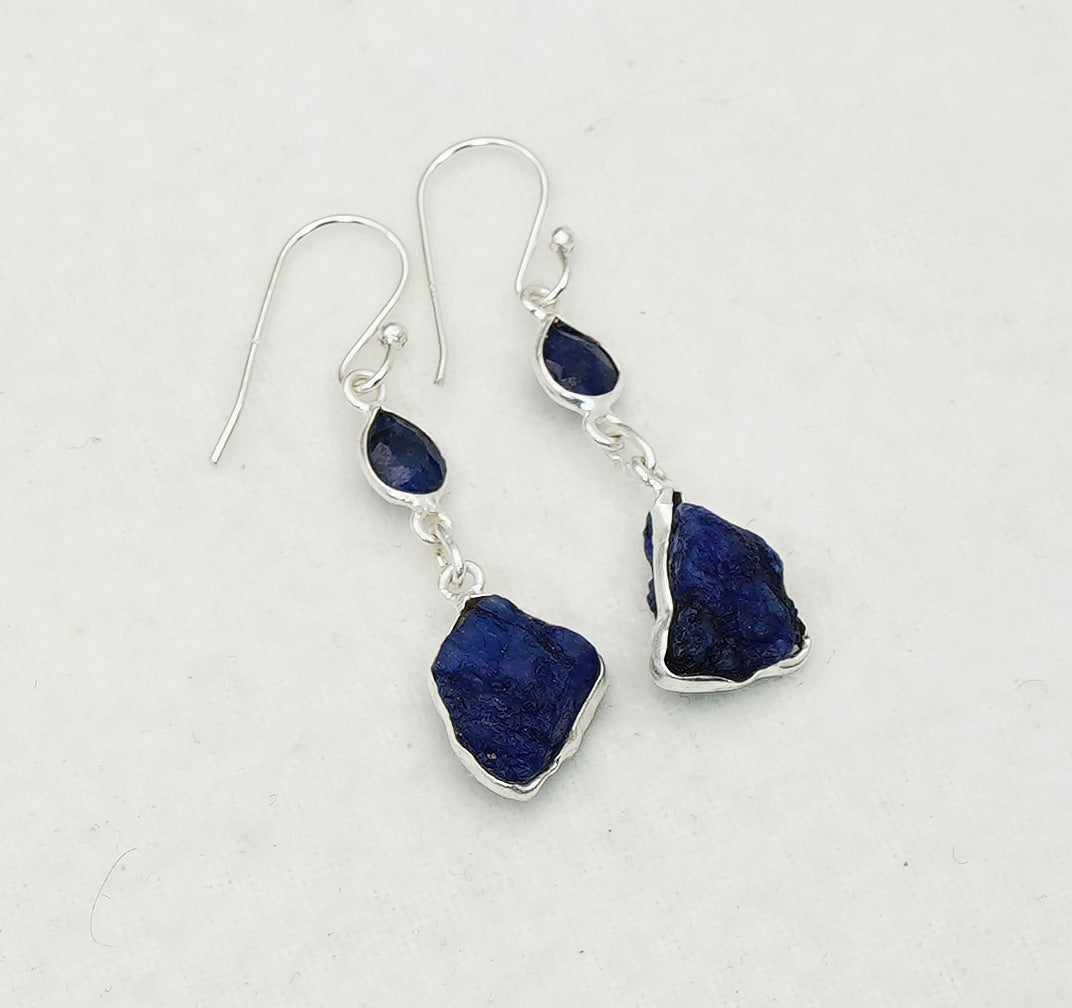 925 Solid Sterling Silver Natural Faceted and Rough 2 Gemstone Earring