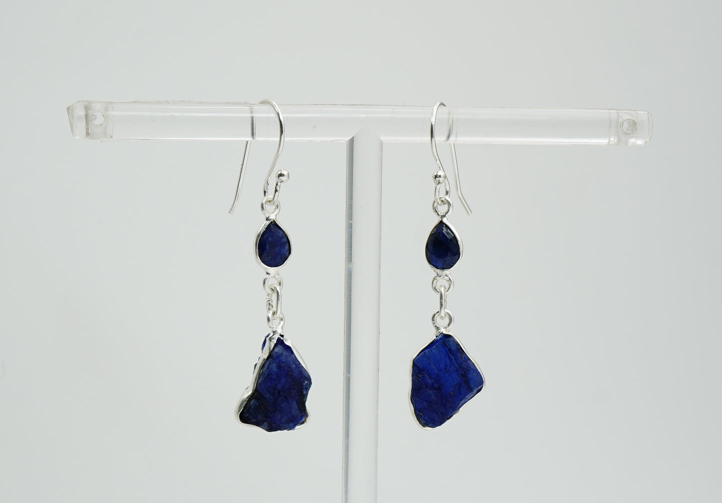925 Solid Sterling Silver Natural Faceted and Rough 2 Gemstone Earring