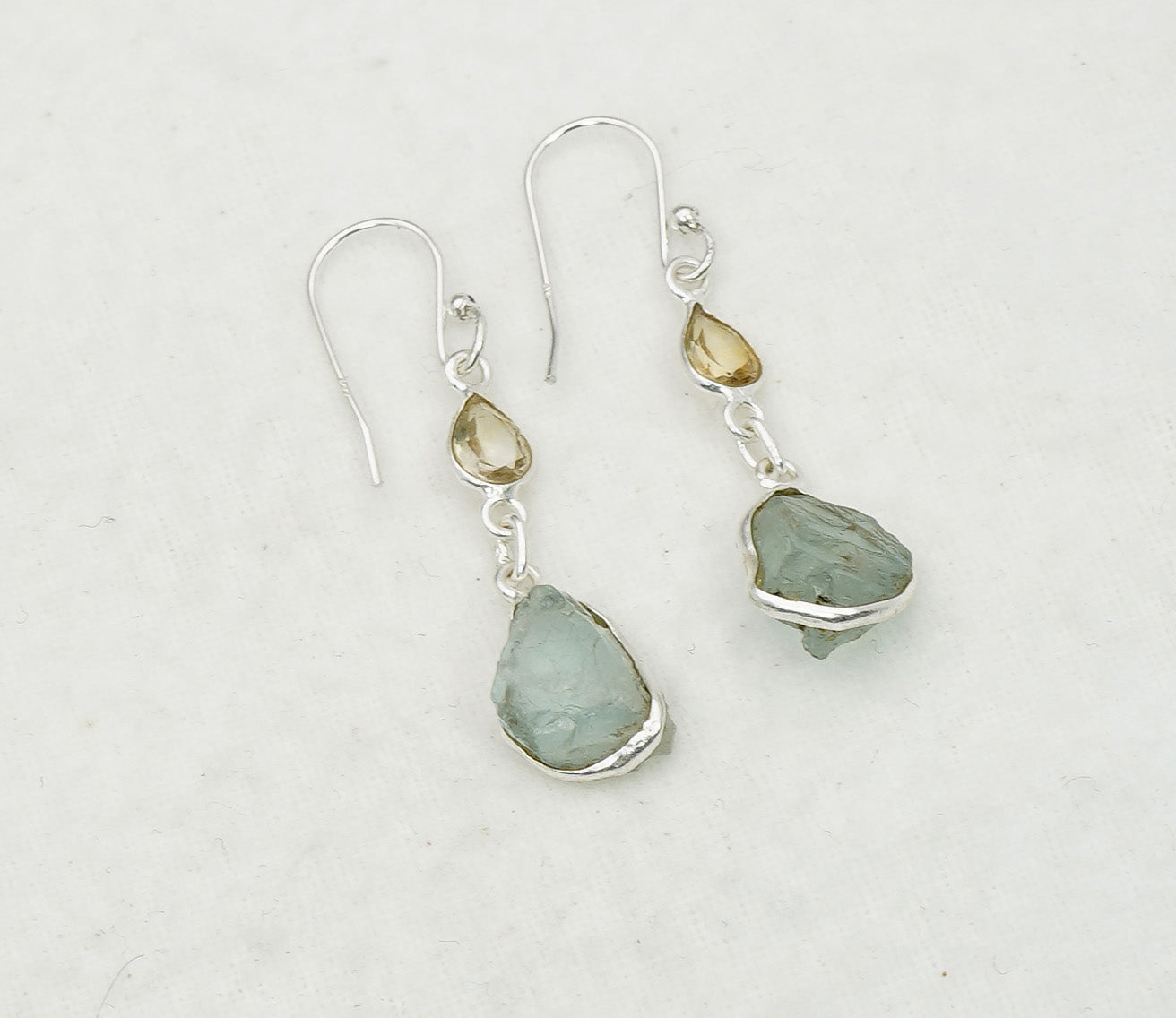 925 Solid Sterling Silver Natural Faceted and Rough 2 Gemstone Earring