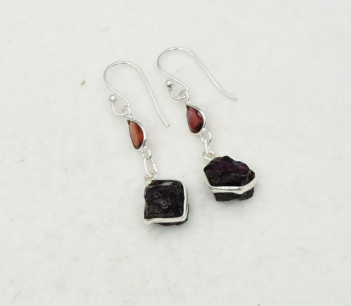 925 Solid Sterling Silver Natural Faceted and Rough 2 Gemstone Earring
