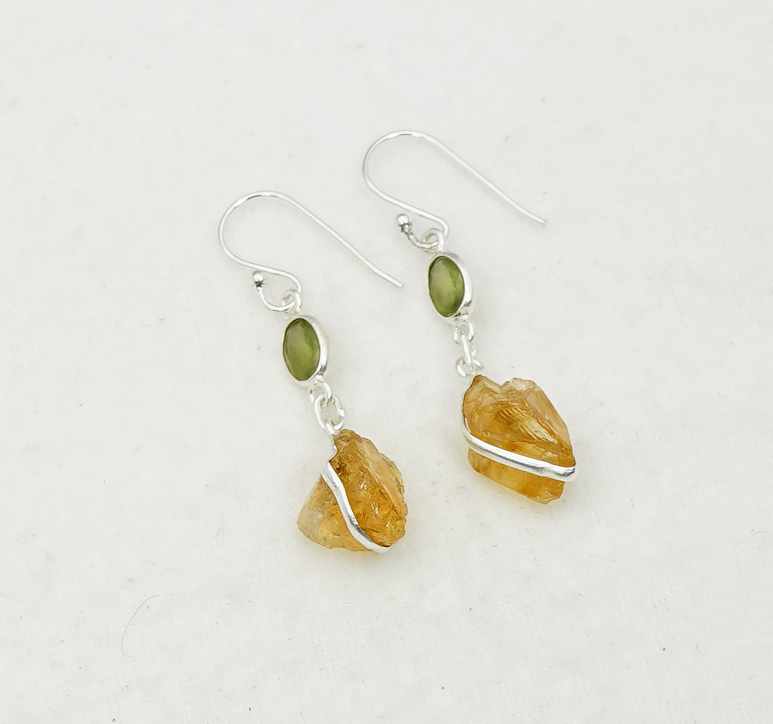 925 Solid Sterling Silver Natural Faceted and Rough 2 Gemstone Earring