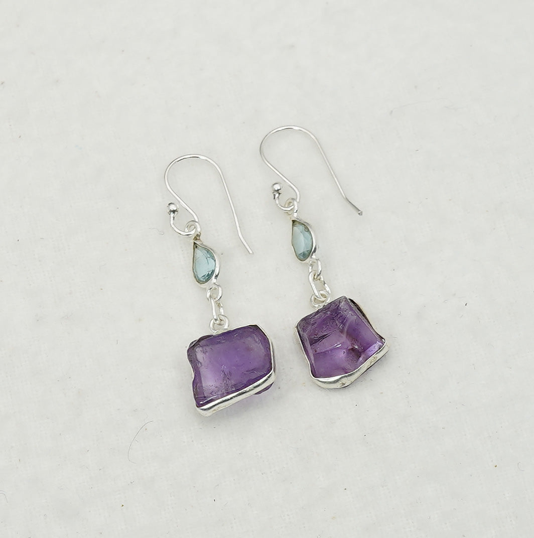 925 Solid Sterling Silver Natural Faceted and Rough 2 Gemstone Earring