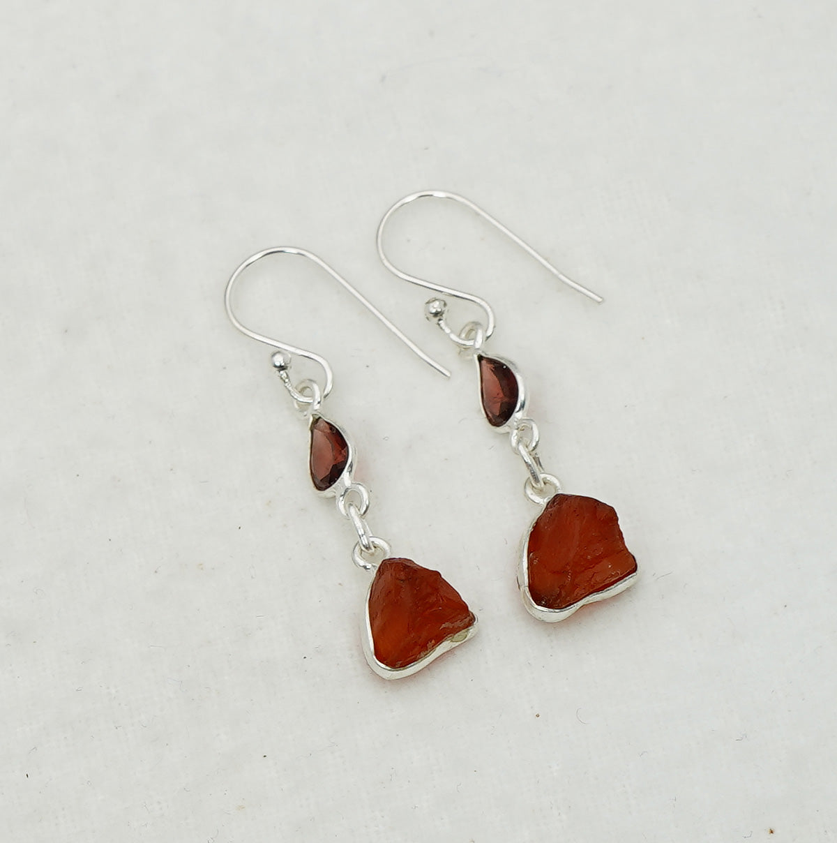 925 Solid Sterling Silver Natural Faceted and Rough 2 Gemstone Earring
