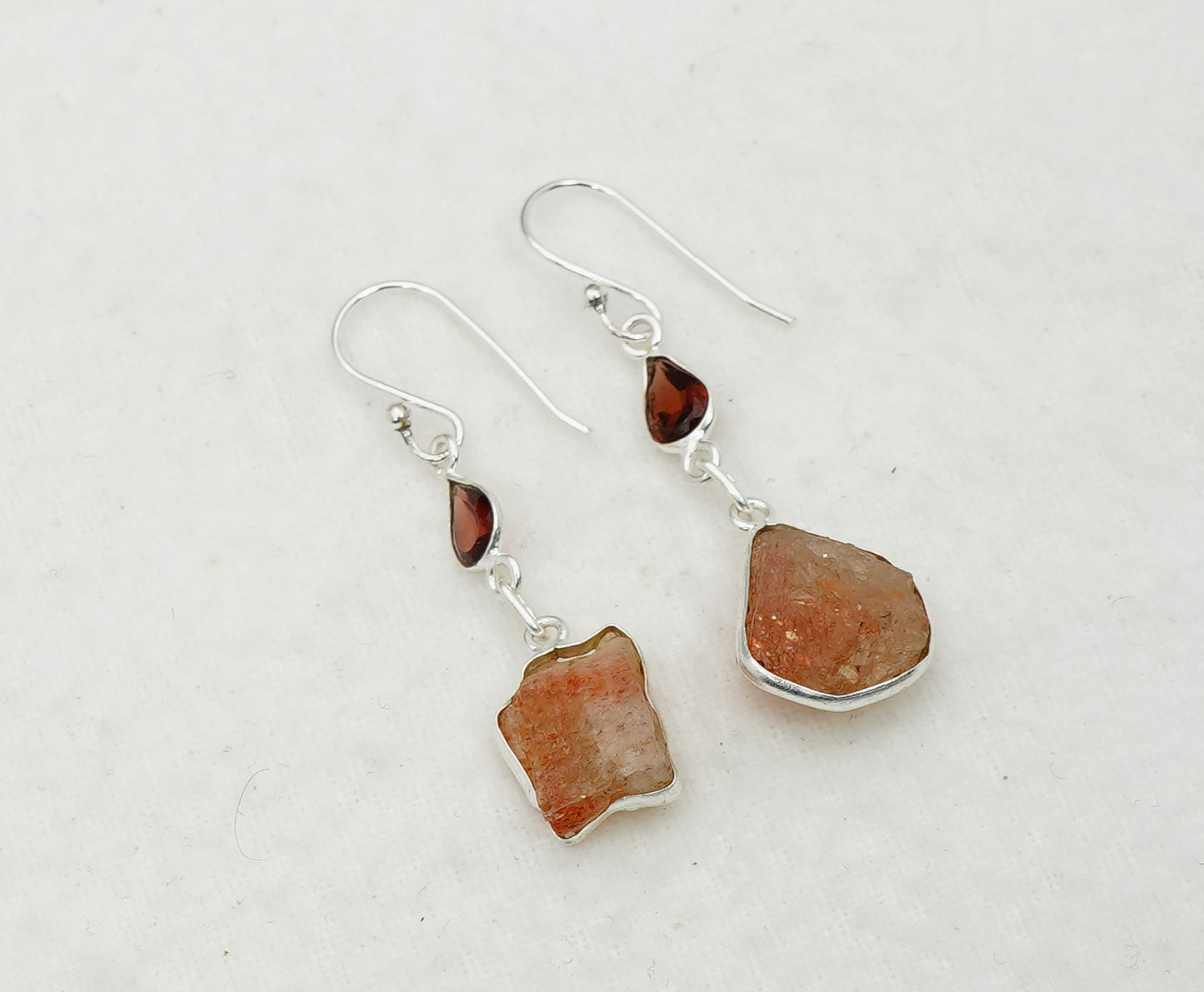 925 Solid Sterling Silver Natural Faceted and Rough 2 Gemstone Earring