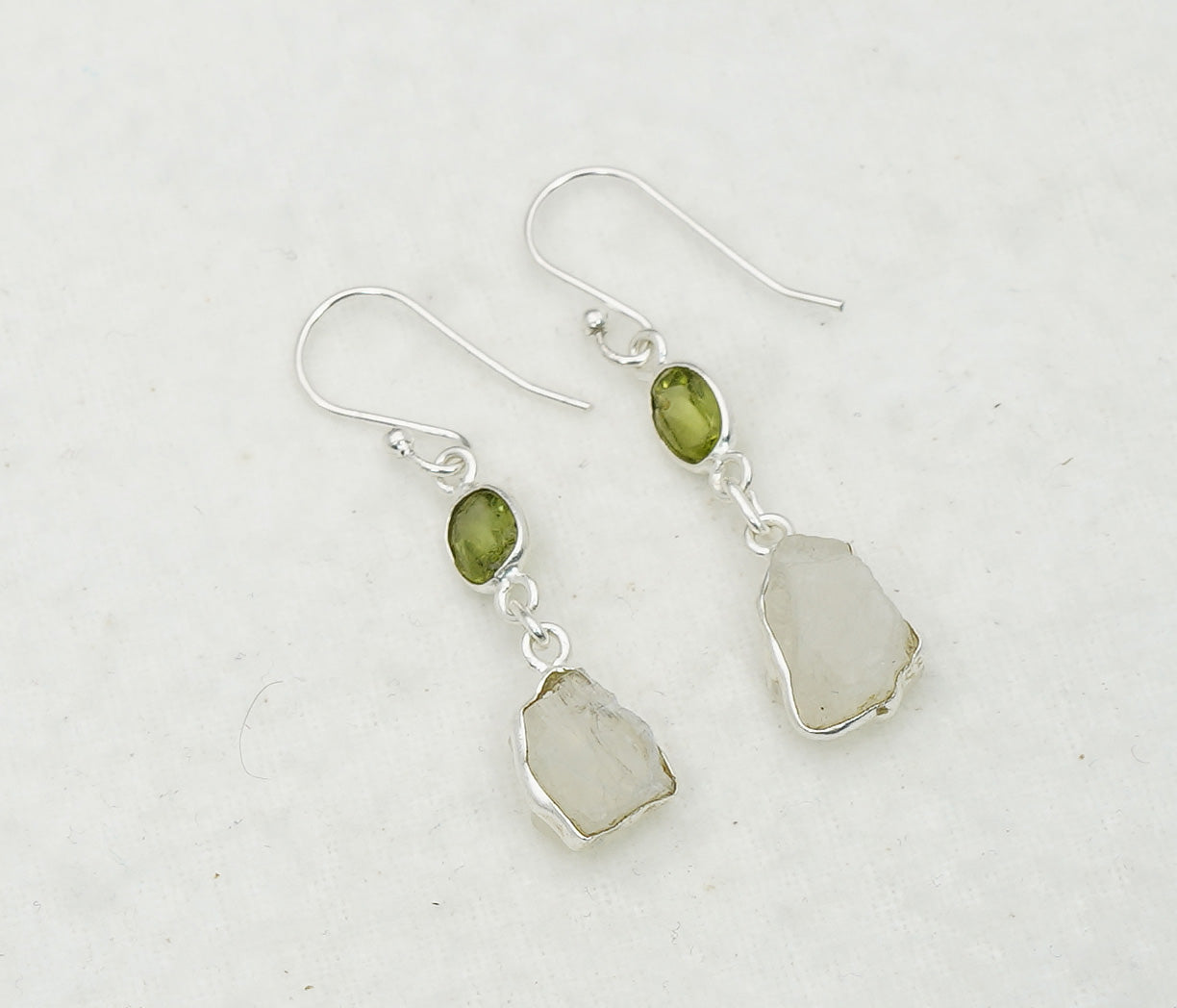 925 Solid Sterling Silver Natural Faceted and Rough 2 Gemstone Earring