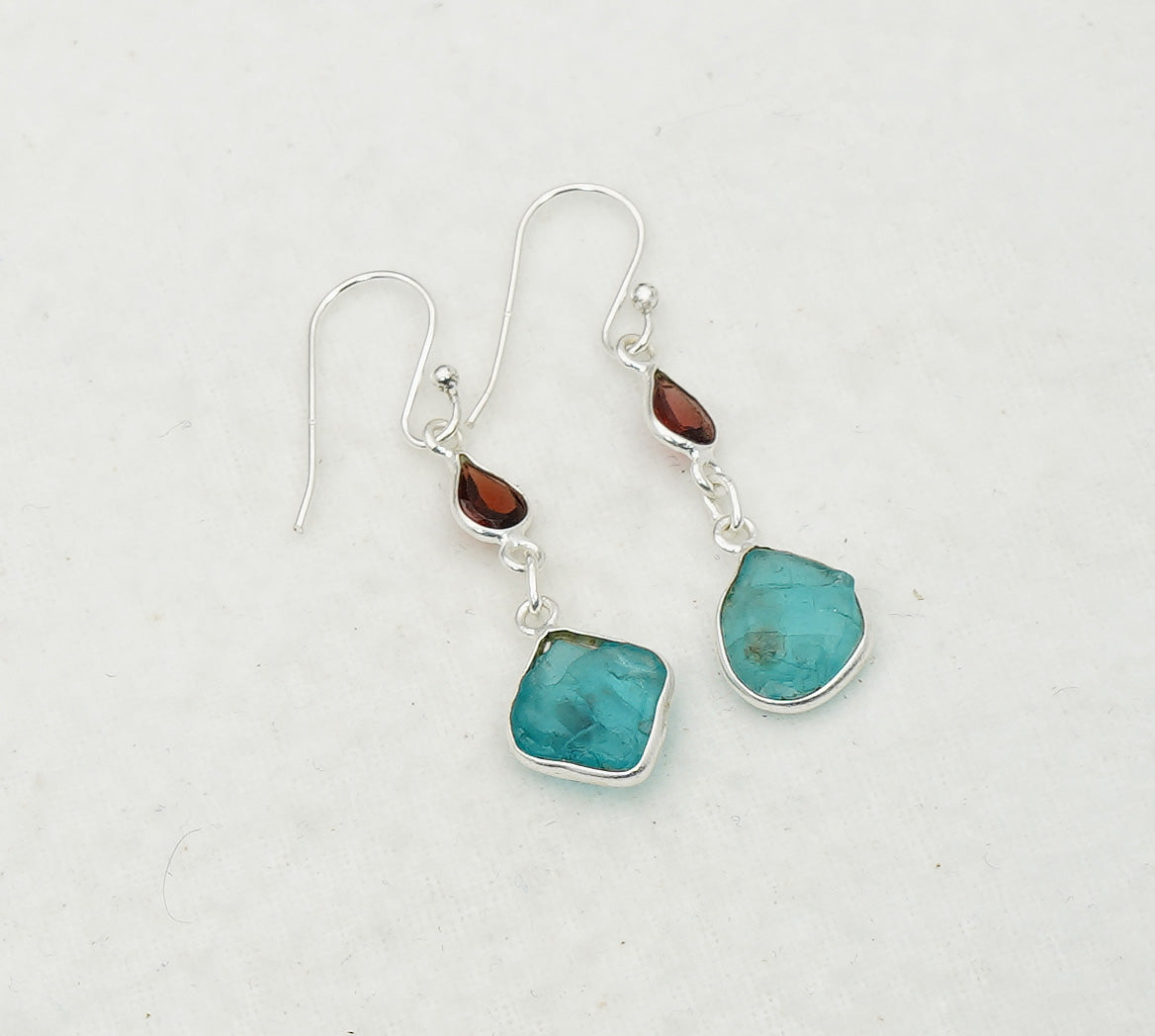 925 Solid Sterling Silver Natural Faceted and Rough 2 Gemstone Earring