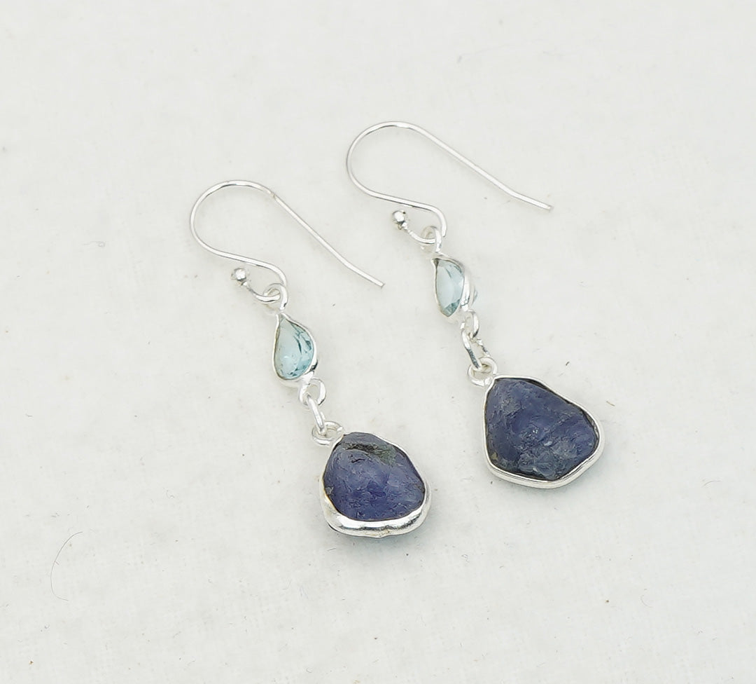 925 Solid Sterling Silver Natural Faceted and Rough 2 Gemstone Earring