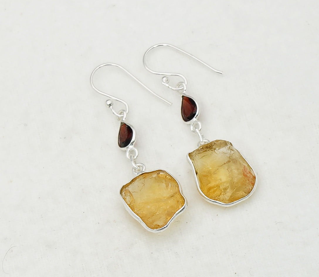 925 Solid Sterling Silver Natural Faceted and Rough 2 Gemstone Earring