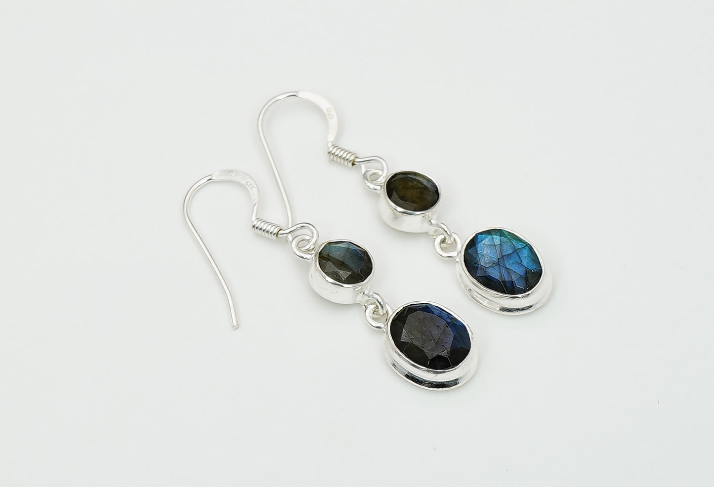925 Solid Sterling Silver Natural Faceted 2 Gemstone Earring