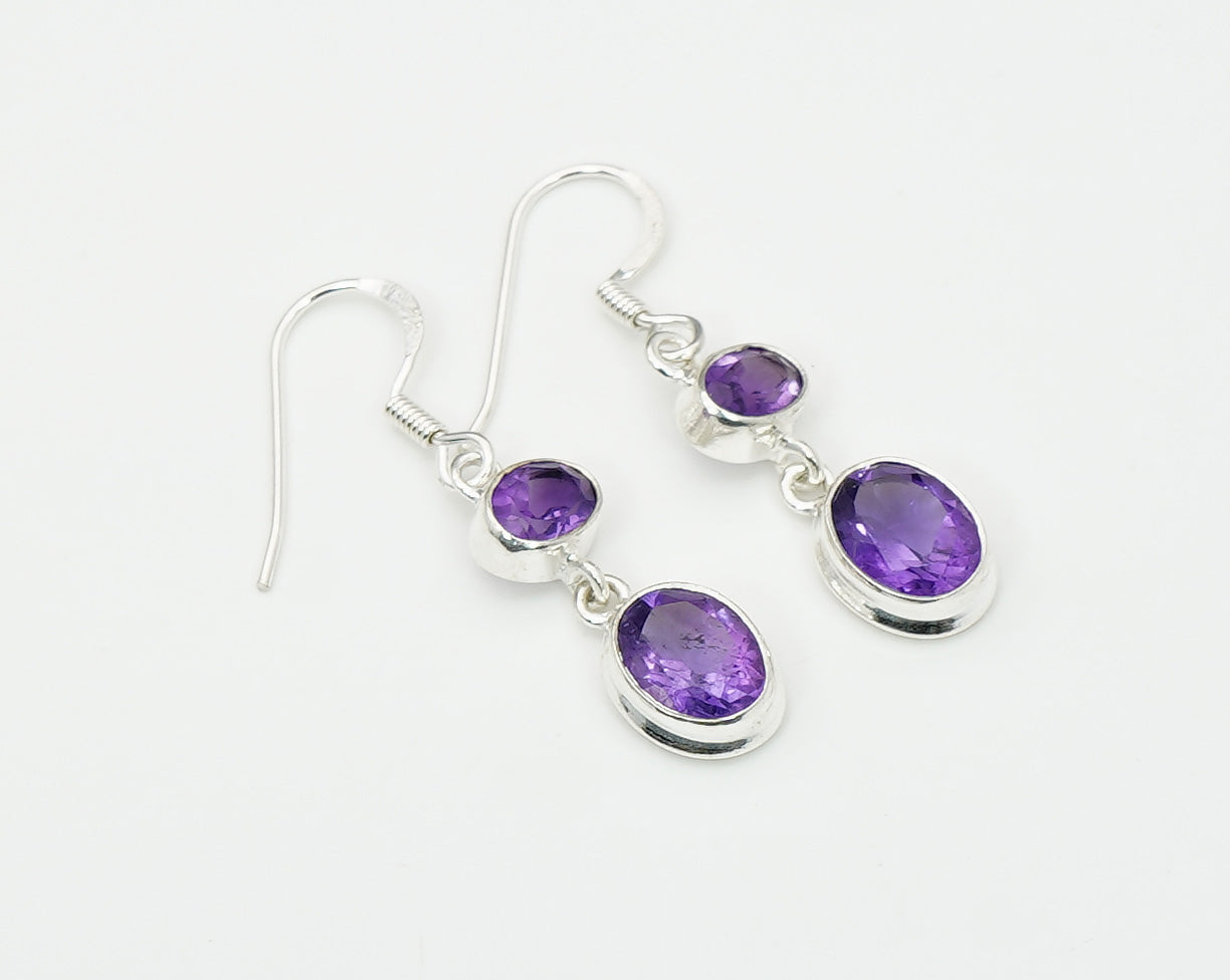 925 Solid Sterling Silver Natural Faceted 2 Gemstone Earring