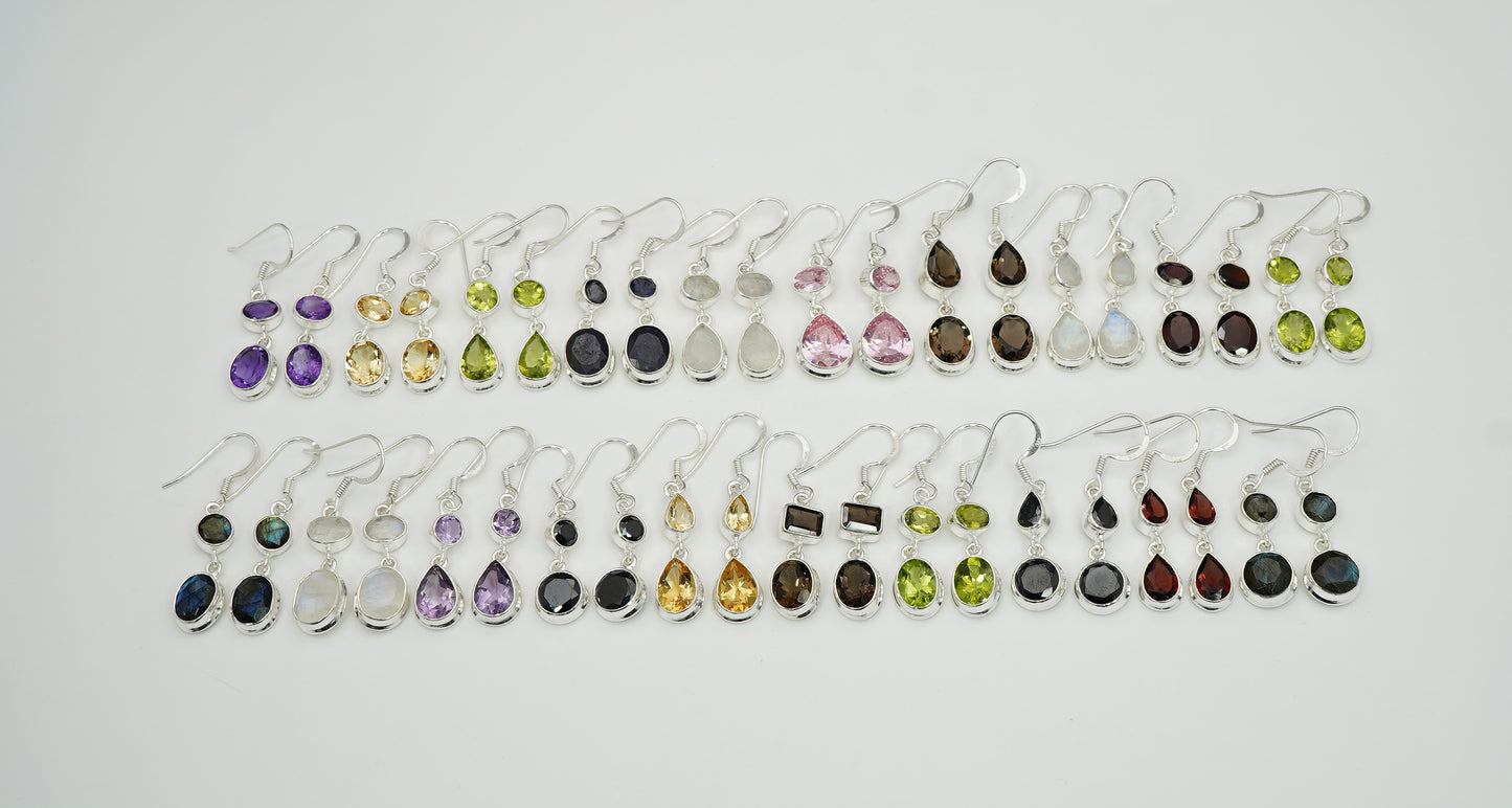 925 Solid Sterling Silver Natural Faceted 2 Gemstone Earring