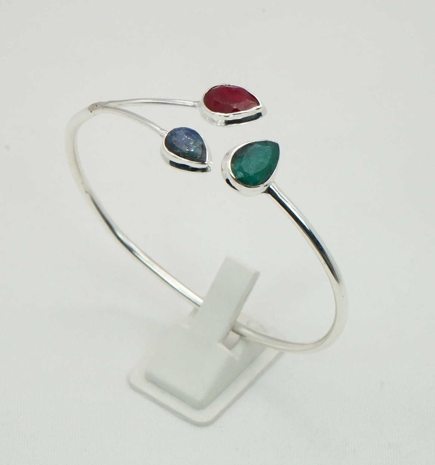 925 Solid Sterling Silver Three Stone Adjustable Bangle - 10.2 Grams