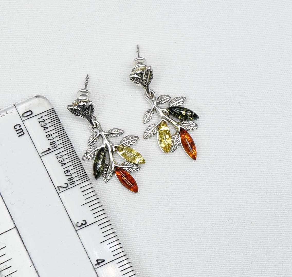 925 Solid Sterling Silver Multi Baltic Amber Leaf Style Stud Earring