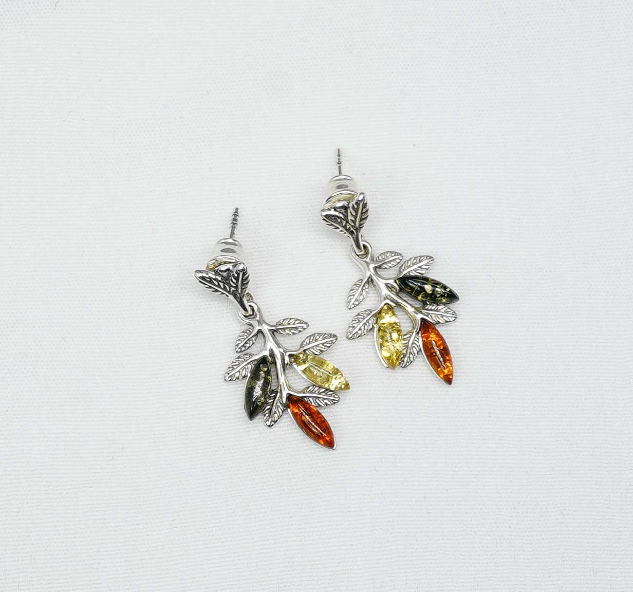 925 Solid Sterling Silver Multi Baltic Amber Leaf Style Stud Earring