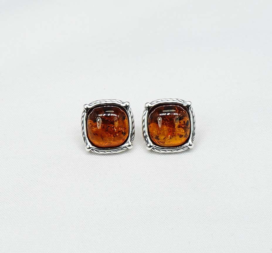 925 Solid Sterling Silver Natural Baltic Amber Square Shape Stud Earring