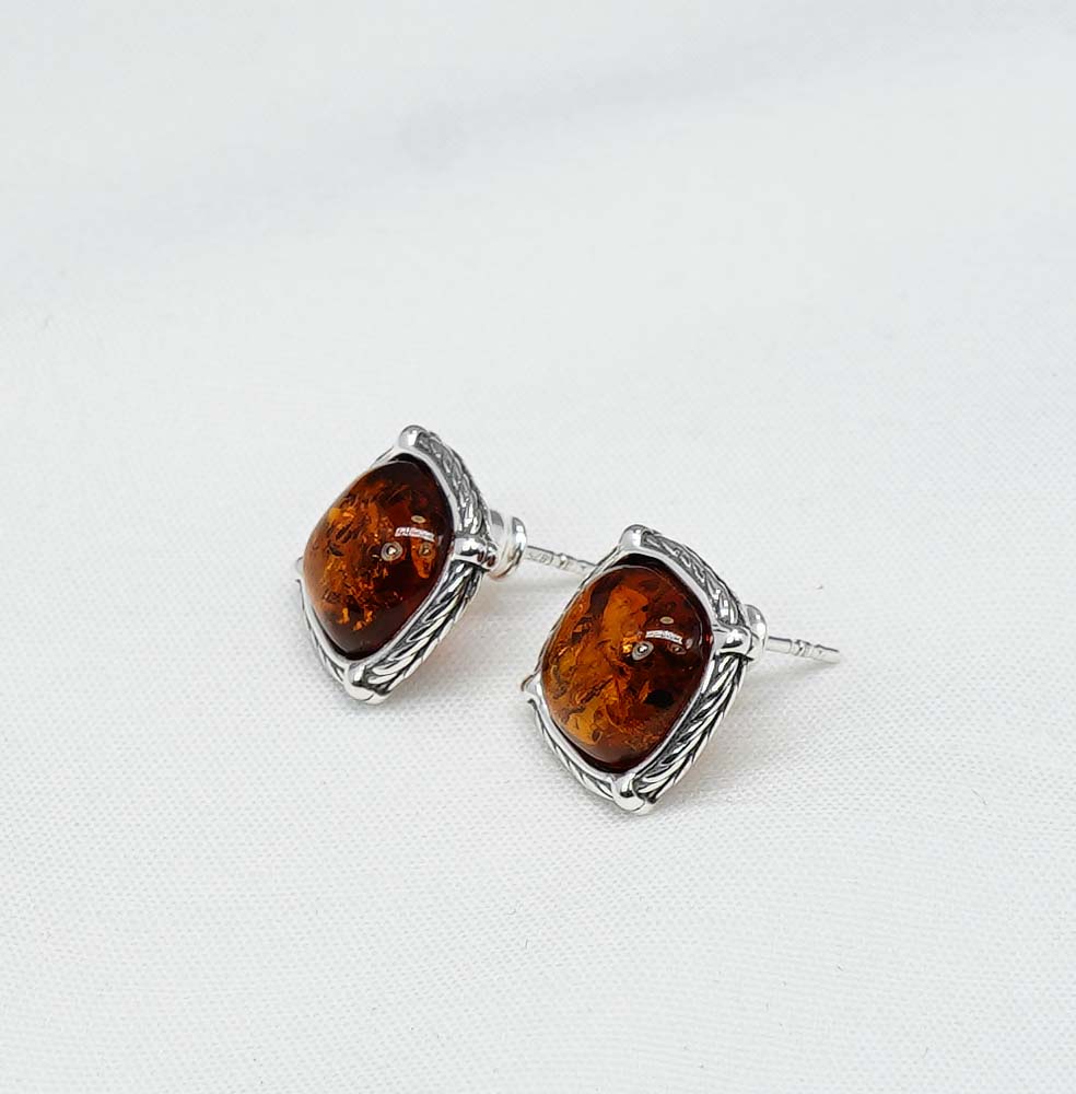 925 Solid Sterling Silver Natural Baltic Amber Square Shape Stud Earring