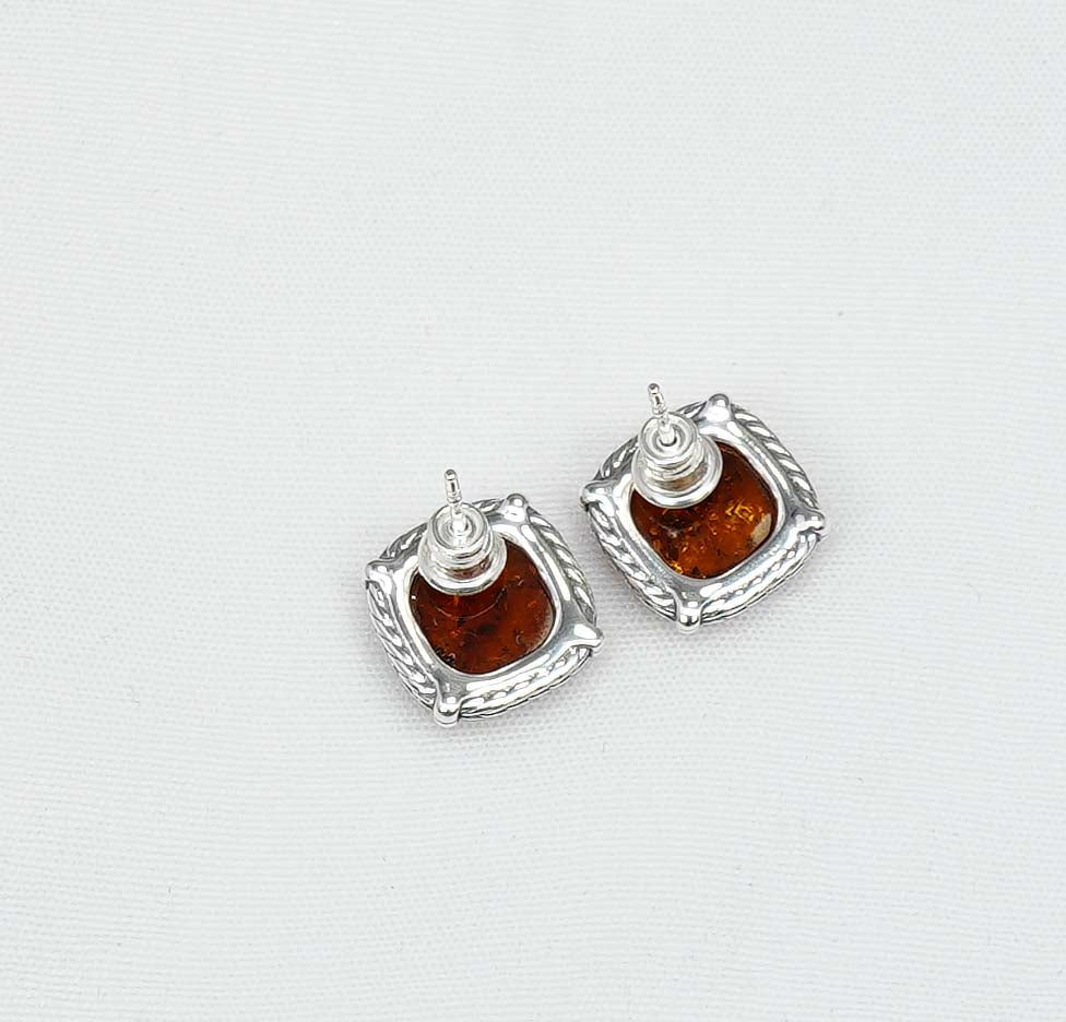 925 Solid Sterling Silver Natural Baltic Amber Square Shape Stud Earring