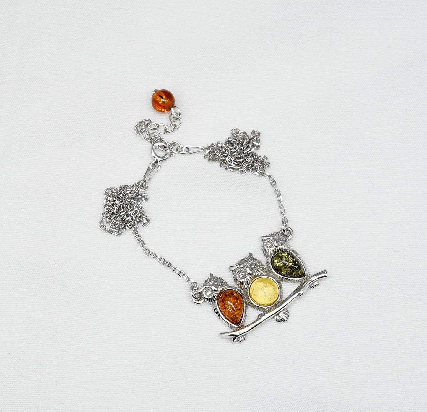 925 Solid Sterling Silver Natural Multi Baltic Amber Owl Chain Pendant