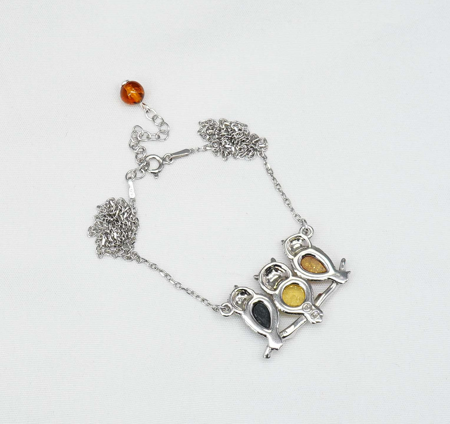 925 Solid Sterling Silver Natural Multi Baltic Amber Owl Chain Pendant