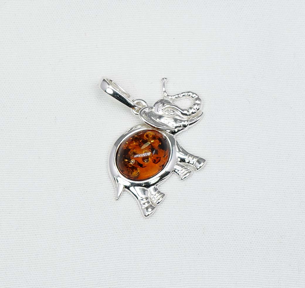 925 Solid Sterling Silver Natural Baltic Amber Elephant Chain Pendant