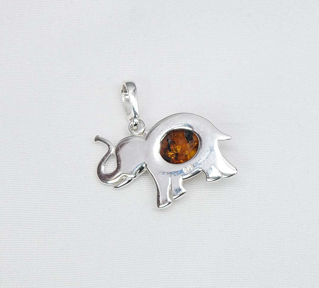 925 Solid Sterling Silver Natural Baltic Amber Elephant Chain Pendant