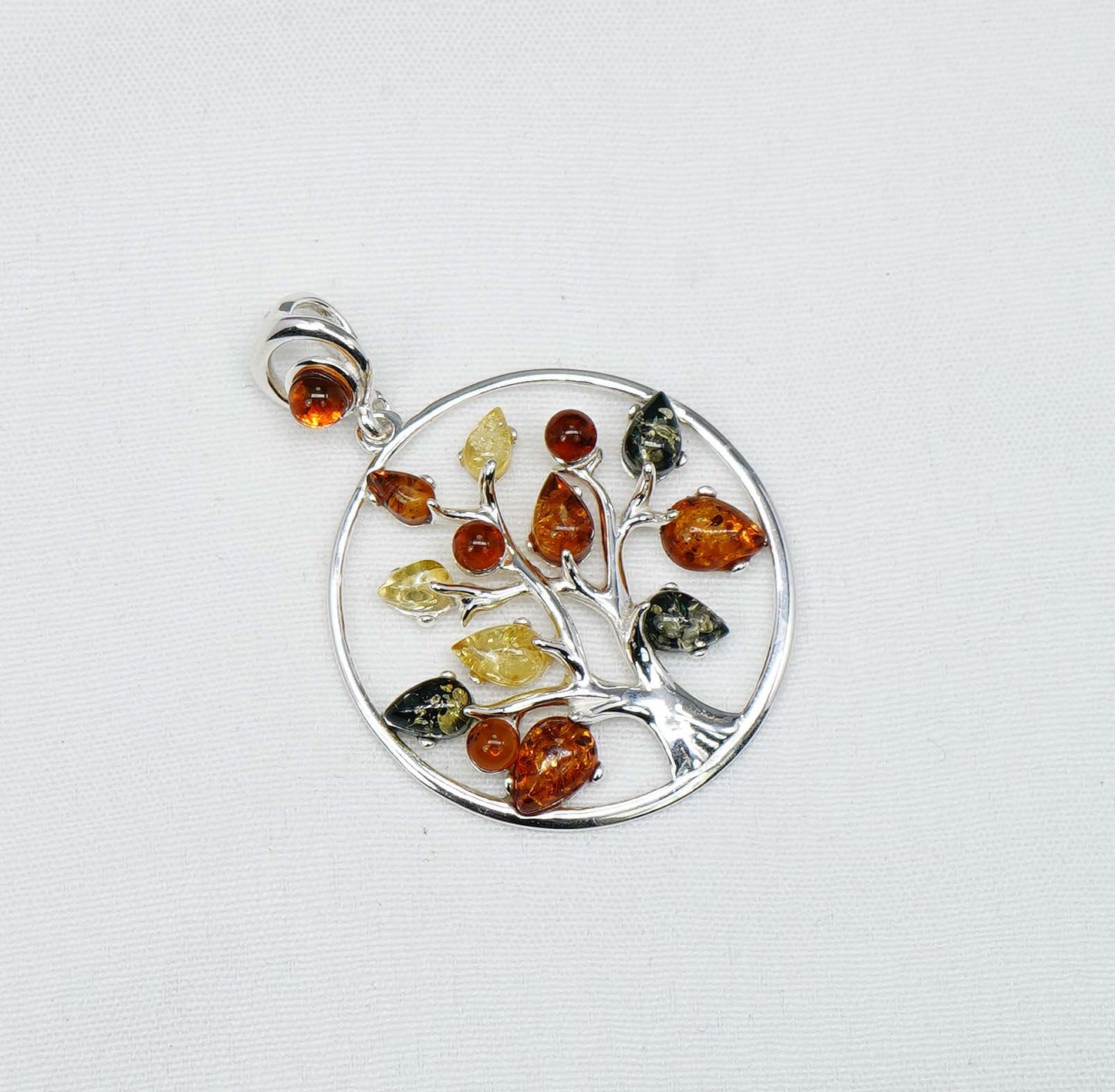 925 Solid Sterling Silver Multi Baltic Amber Tree Of Life Chain Pendant