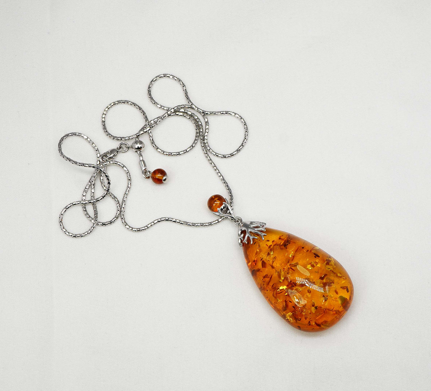 925 Solid Sterling Silver Natural Baltic Amber Chain Pendant- 26 Inches