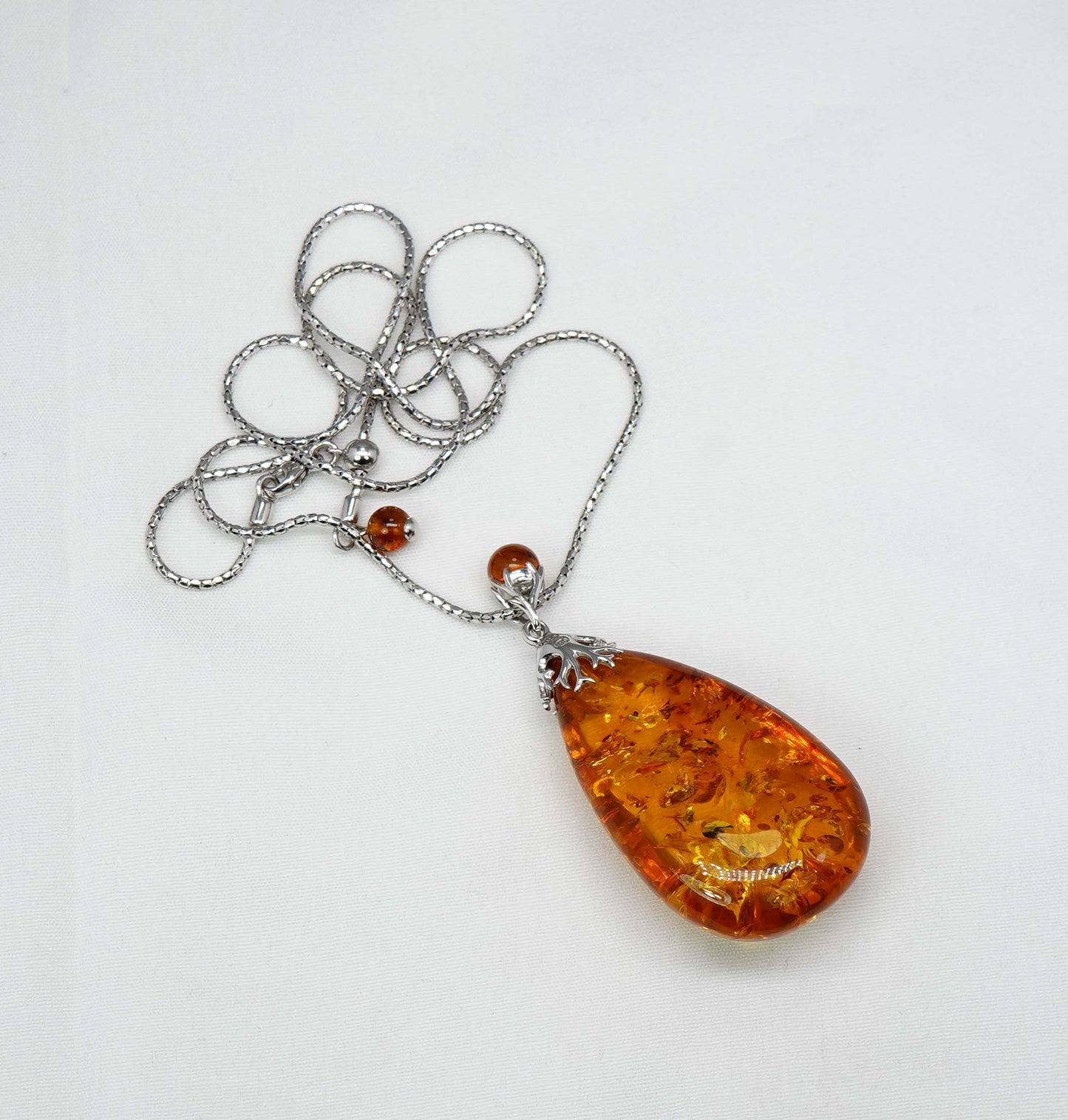 925 Solid Sterling Silver Natural Baltic Amber Chain Pendant- 26 Inches