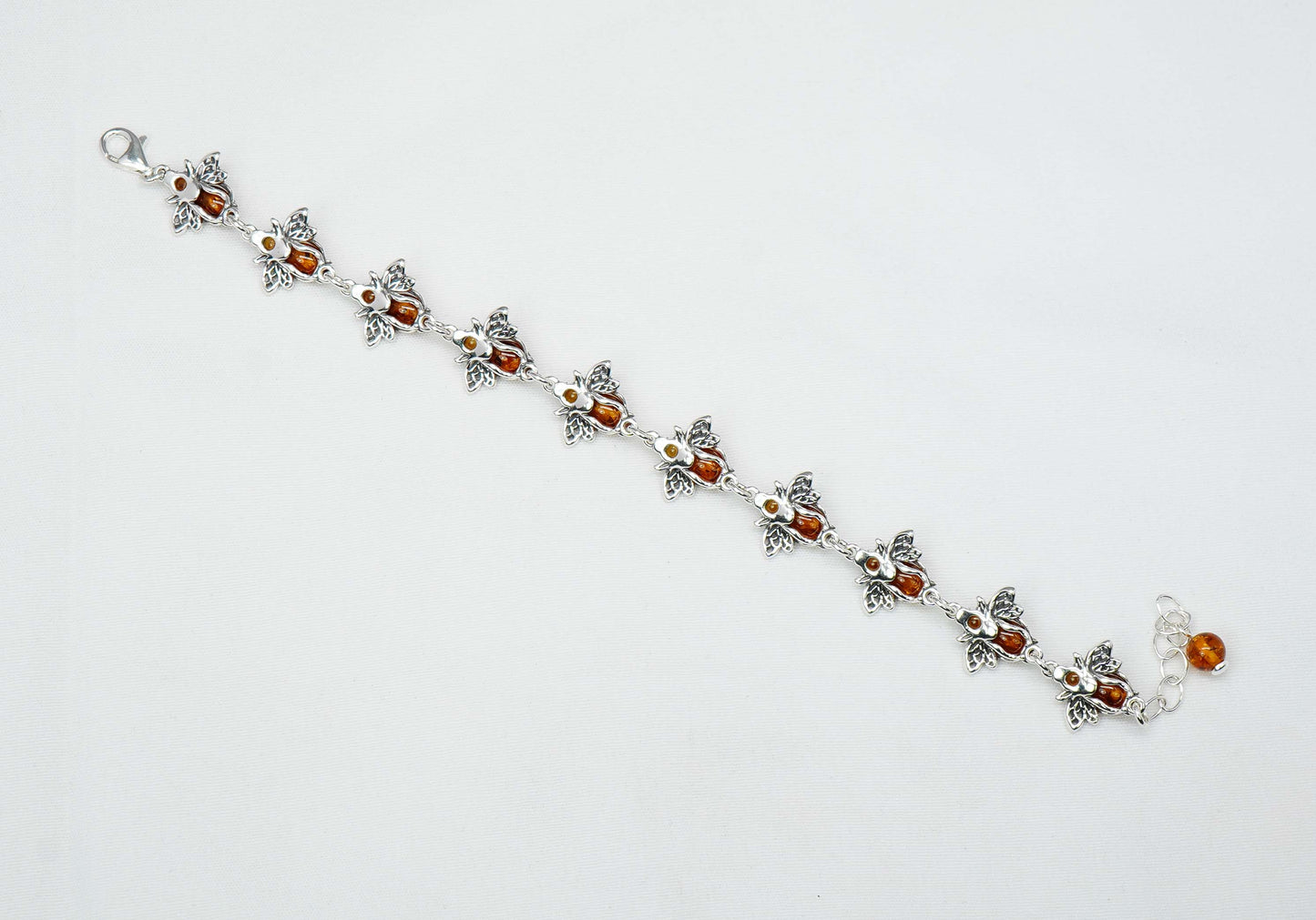 925 Solid Sterling Natural Baltic Amber Bee Bracelet - 7.5 Inches