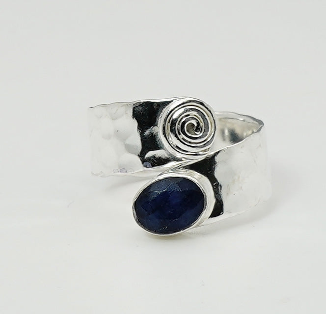 925 Solid Sterling Silver Natural Gemstone Adjustable Hammered Ring
